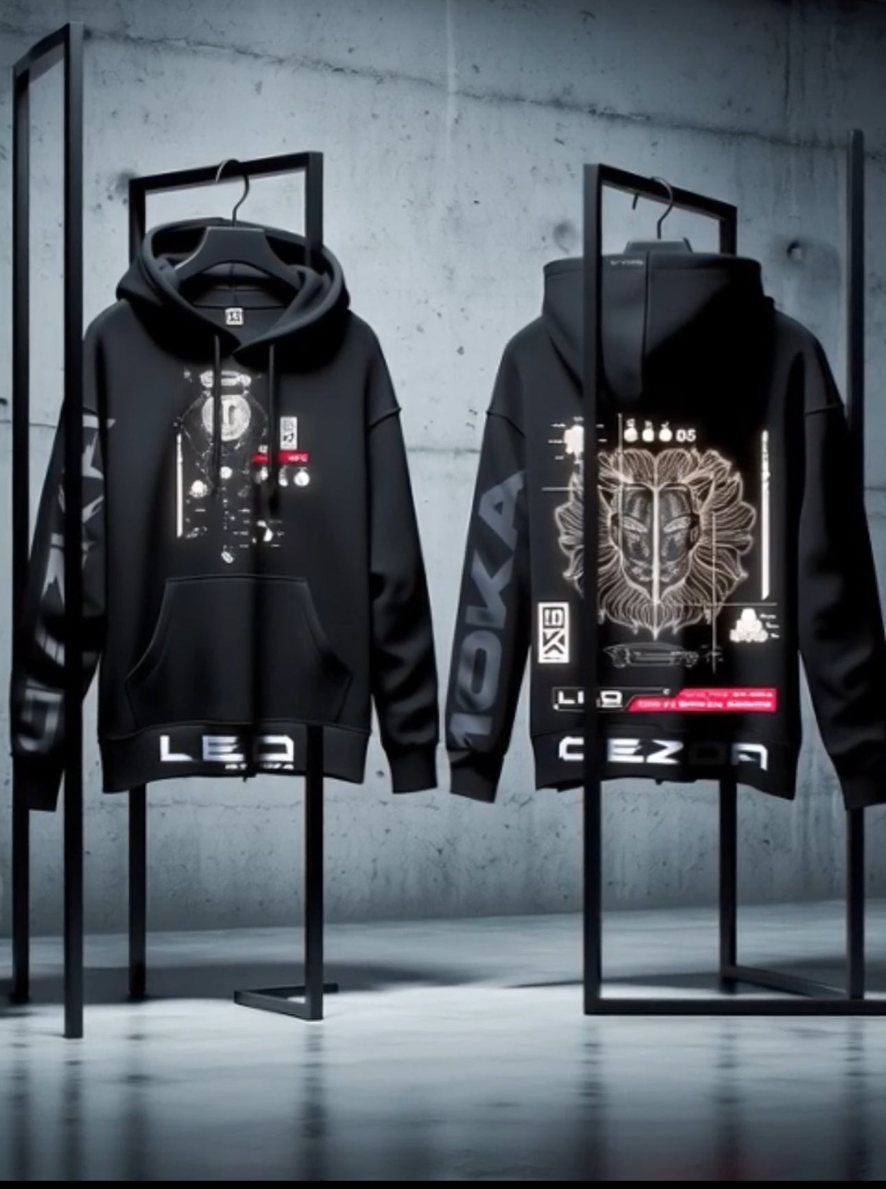 Zodiac Hoodie Leo by 10KA – video showcasing a unisex black hoodie inspired by the Leo zodiac sign, featuring bold futuristic graphics, fire symbolism, and astrological identity design in motion.