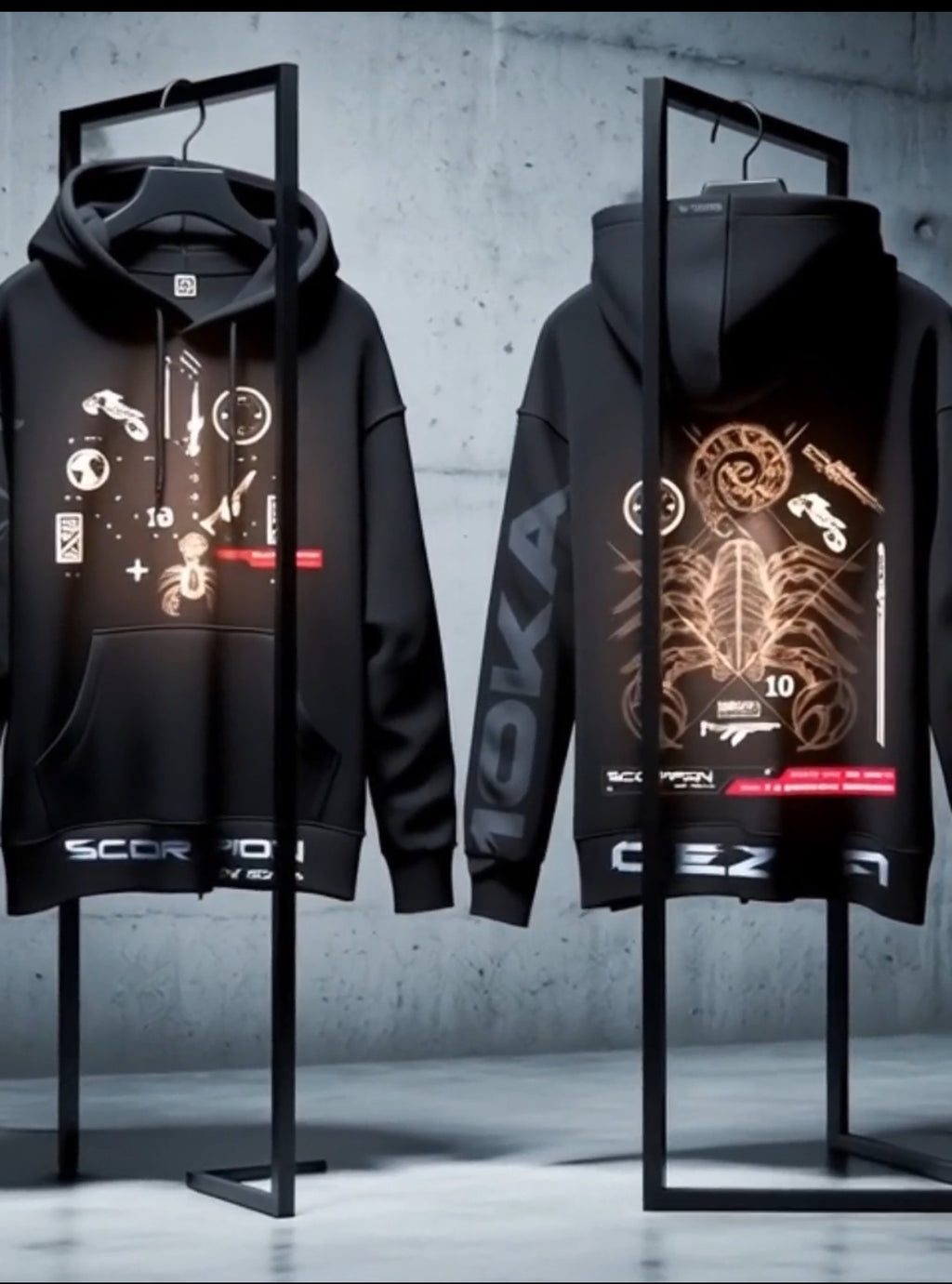 Video showcasing the Zodiac Hoodie Scorpio by 10KA, highlighting dark technical design details, water symbolism, and Scorpio zodiac identity in motion.
