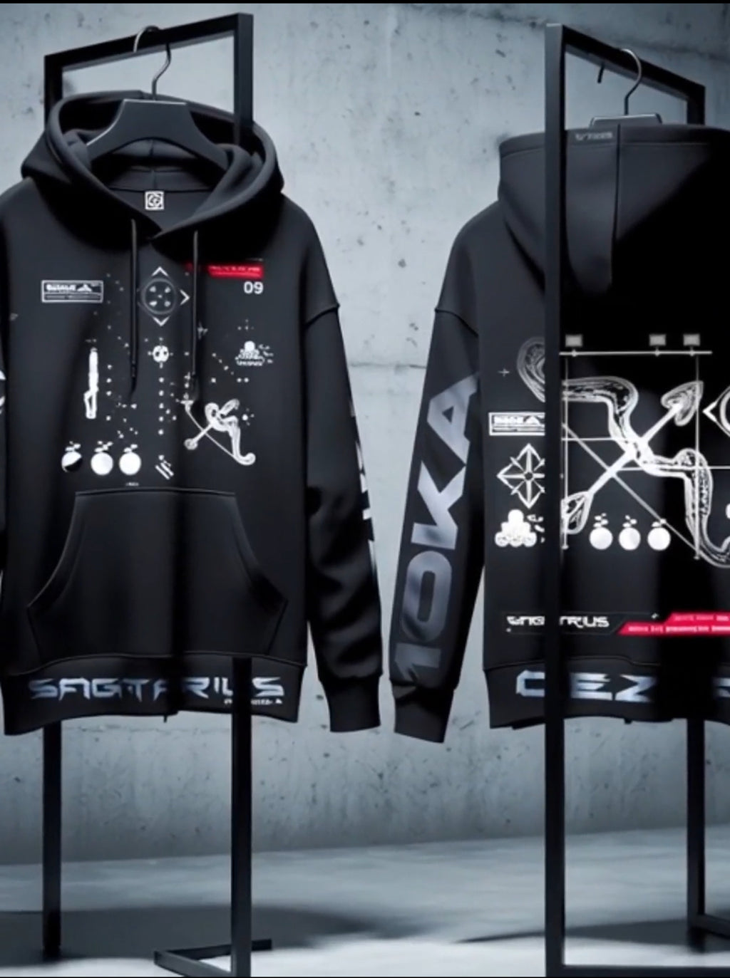 Video showcasing the Zodiac Hoodie Sagittarius by 10KA, highlighting dynamic technical design details, fire symbolism, and Sagittarius zodiac identity in motion.
