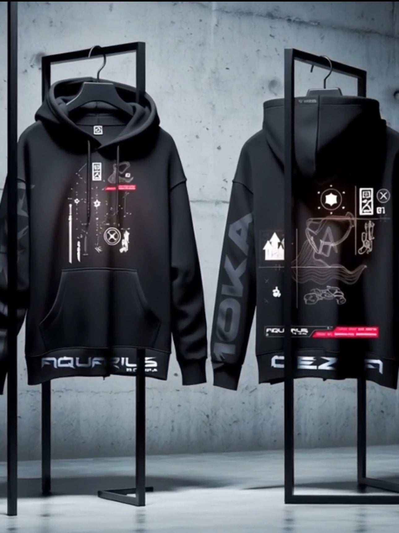 Video showcasing the Zodiac Hoodie Aquarius by 10KA, highlighting experimental technical design details, air symbolism, and Aquarius zodiac identity in motion.

