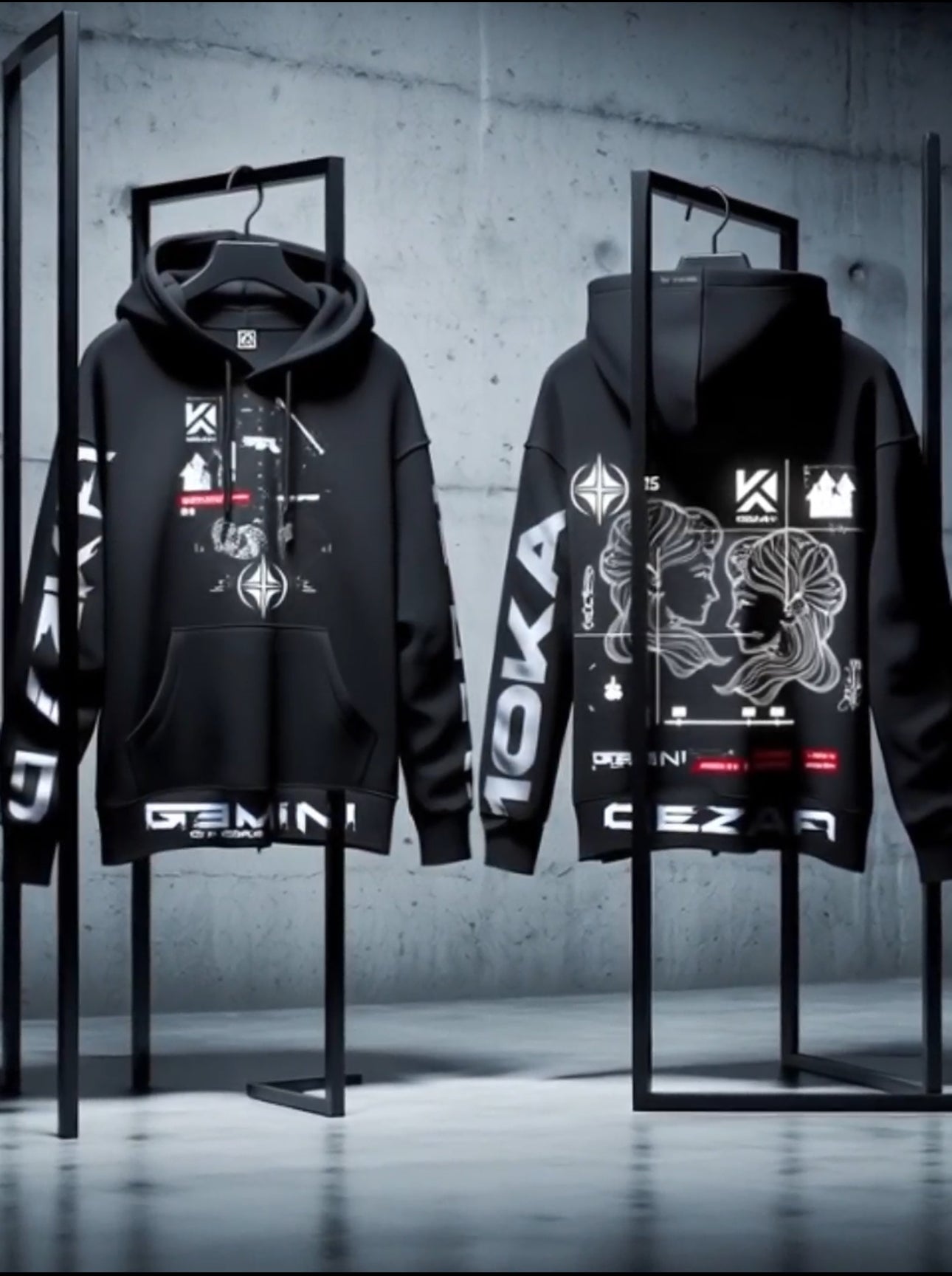 Video showcasing the Zodiac Hoodie Gemini by 10KA, highlighting modular technical design details, air symbolism, and Gemini zodiac identity in motion.
